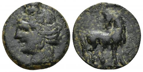 2031 - COLECCIÓN CORES. CARTAGO (221-210 a.C.). A/ Cabeza de Tanit a izq. R/ Caballo parado a der. con cabeza vuelta, delante letra. AE 5,94 g. 22 mm. COP-308 ss.; CC-5420, mismo ejemplar (corr.). Pátina oscura. MBC-.