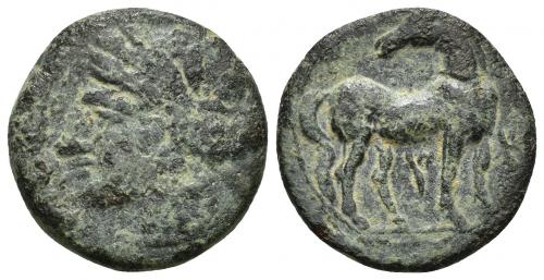 2033 - COLECCIÓN CORES. CARTAGO (221-210 a.C.). A/ Cabeza de Tanit a izq. R/ Caballo parado a der. con cabeza vuelta; entre las patas y delante letras ' y s. AE 7,19 g. 22 mm. COP-309; CC-5434, mismo ejemplar. Superficie erosionada. BC+/MBC.