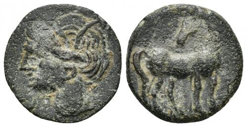 2034 - COLECCIÓN CORES. CARTAGO (221-210 a.C.). A/ Cabeza de Tanit a izq. R/ Caballo parado a der. con cabeza vuelta; entre las patas y delante letras ' y s. AE 4,46 g. 21,5 mm. COP-309; CC-5439, mismo ejemplar. Superficies erosionadas. MBC-.