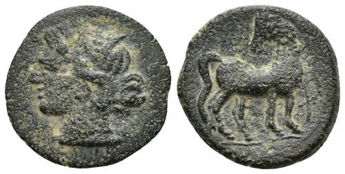 2035 - COLECCIÓN CORES. CARTAGO (221-210 a.C.). A/ Cabeza de Tanit a izq. R/ Caballo parado a der. con cabeza vuelta; delante letra '. AE 4,37 g. 20 mm. COP-314; CC-5441, mismo ejemplar. Pátina oscura. MBC-.