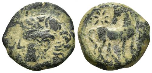 2036 - COLECCIÓN CORES. CARTAGO (221-210 a.C.). A/ Cabeza de Tanit a izq. R/ Caballo parado a der. con cabeza vuelta; delante letra y estrella sobre la grupa. AE 7,09 g. 23 mm. COP-315; CC-5442, mismo ejemplar. Pátina oscura terrosa. BC.
