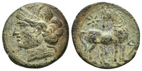2037 - COLECCIÓN CORES. CARTAGO (221-210 a.C.). A/ Cabeza de Tanit a izq. R/ Caballo parado a der. con cabeza vuelta; delante letra bet y estrella sobre la grupa. AE 6,74 g. 21,5 mm. COP-316 var; CC-5443, mismo ejemplar. Pátina verde rugosa. MBC. Rara.