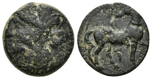 2041 - COLECCIÓN CORES. CARTAGO (221-210 a.C.). A/ Cabeza de Tanit a izq. R/ Caballo avanzando a der. con cabeza vuelta, debajo letra. AE 5,68 g. 19 mm. COP-324 var.; CC-5451, mismo ejemplar. Leves erosiones. Pátina oscura. BC/MBC.