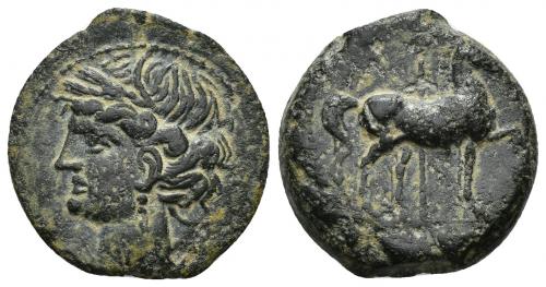 2042 - COLECCIÓN CORES. CARTAGO (221-210 a.C.). A/ Cabeza de Tanit a izq. R/ Caballo avanzando a der., detrás palmera. AE 8,32 g. 23 mm. COP-327; CC-5452. Pátina oscura. MBC+/MBC.