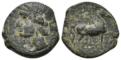 2043 - COLECCIÓN CORES. CARTAGO (221-210 a.C.). A/ Cabeza de Tanit a izq. R/ Caballo avanzando a der., detrás palmera, debajo letra. AE 6,78 g. 22,5 mm. COP-328; CC-5453, mismo ejemplar. Pátina oscura erosionada. BC+/MBC-.