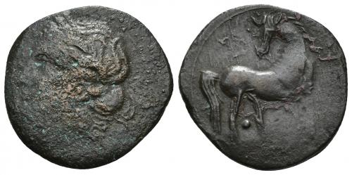 2047 - COLECCIÓN CORES. CARTAGO (Fin. s. III-principios s. II a.C.). A/ Cabeza de Tanit a izq. R/ Caballo parado a der. con cabeza vuelta, glóbulo entre las patas traseras. AE 5,89 g. 25 mm. COP-396; CC-5457, mismo ejemplar. Pátina oscura. BC-/MBC.