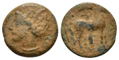 2007 - COLECCIÓN CORES. SICILIA-CARTAGO (Mediados s. IV-300 a.C.). A/ Cabeza de Tanit a izq. R/ Caballo parado a der. delante de palmera, encima glóbulo. AE 2,58 g. 16,5 mm. COP-114,115; J-L. App. 3.2; CC-5313, mismo ejemplar. Pátina terrosa. BC+.