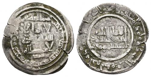 225   -  CALIFATO. ABD AL-RAHMAN III (912-961). Dírham. Medina al-Zahra. 347 H. AR 2,67 g. 21 mm. V-441. Pequeñas grietas. MBC-.