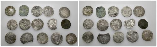 231   -  CALIFATO. ABD AL-RAHMAN III (912-961). Lote de 15 monedas: 2 feluses -303 H y sin fecha- y 13 dírhams -322, 332 (2), 335 (2), 336, 339, 340, 341 (3), 343 y 347 H. Dos son medias monedas y 2 tienen perforaciones. De BC+ a MBC+.
