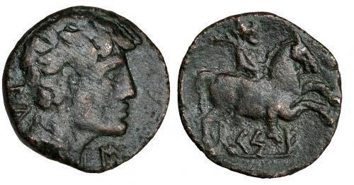 22   -  KESE. As. A/ Cabeza masculina a der. con manto, detrás signos ibéricos IL, delante S. R/ Jinete con palma a der., debajo sobre línea KeS-E. AE 7,9 g. CNH-95. I-2295. ACIP-1210. MBC-.
