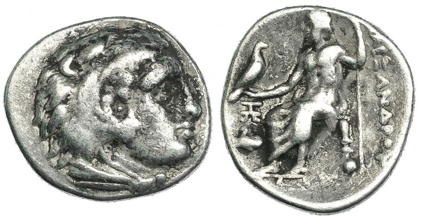 103   -  MACEDONIA. ALEJANDRO III. Abido. Dracma (c. 328-323 a.C.). R/ Delante de Júpiter monograma y prótomo de Pegaso. AR 4,19 g. PRC-1506. Pequeñas concreciones. MBC-/BC+.