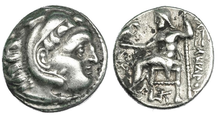 105   -  MACEDONIA. ALEJANDRO III. Colofón. Dracma (c. 319-310 a.C.). R/ Debajo del trono monograma, delante SC. AR 4,15 g. PRC-1794. Leves oxidaciones. MBC-/MBC.