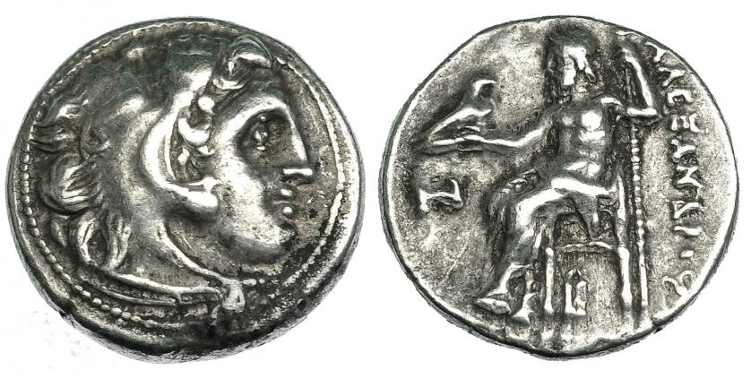 106   -  MACEDONIA. ALEJANDRO III. Colofón. Dracma (c. 323-319 a.C.). R/ Debajo del trono B, delante de Júpiter N.  AR 4,24 g. PRC-1800. Leve oxidación. MBC.