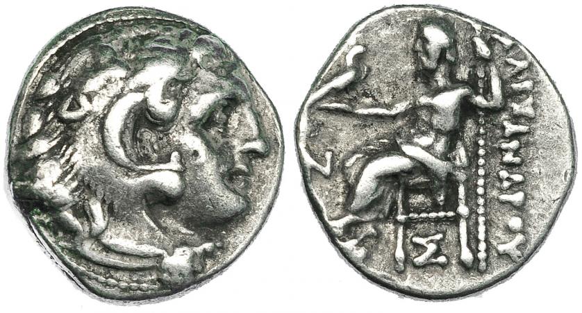 107   -  MACEDONIA. ALEJANDRO III. Colofón. Dracma (c. 310-301 a.C.). R/ Debajo del trono S, delante de Júpiter N.  AR 4,27 g. PRC-1802. MBC/MBC-.