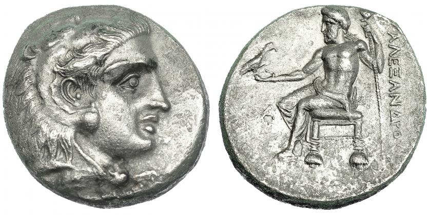 111   -  MACEDONIA. ALEJANDRO III. Tetradracma. Biblos (c. 330-320 a.C.). R/ Delante del trono mongrama AP. AR 16,48 g. PRC-3426. Leves erosiones. EBC-.