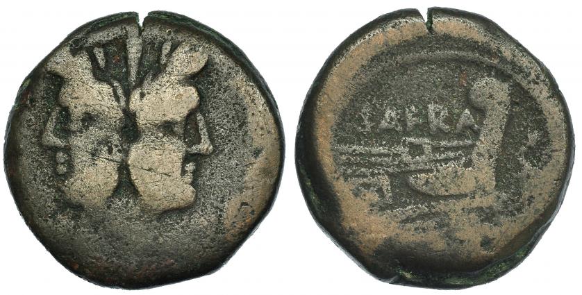 150   -  As. Roma (150 a.C.).  R/ SAFRA sobre proa. AE 21,37 g. CRAW-206.2. Cospel abierto. BC+.