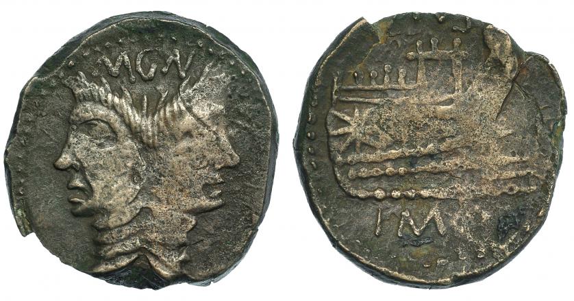 158   -  POMPEYO MAGNO. As. Hispania (45 a.C.). A/ Jano con la cara de Cn. Pompeyo. R/ Proa a der.; (P)IVS/IMP. CRAW-479.1. MBC/MBC-.