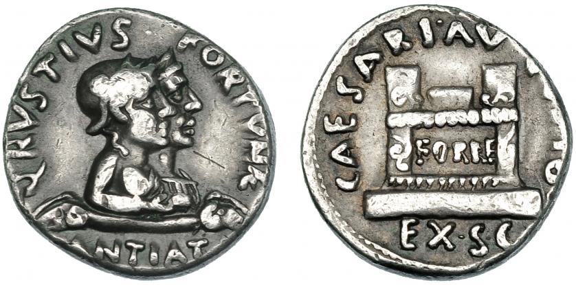 166   -  AUGUSTO. Denario. Roma (19 a.C.). A/ Cabeza de Fortuna Victrix y Fortuna Felix; Q RVSTIVS FORTVNAE/ANTIAT. R/ Altar. RIC-322. Sb-513. FFC-322. Rayitas en rev. MBC.