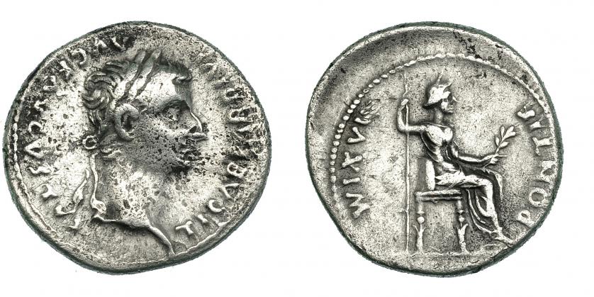 189   -  TIBERIO. Denario. Lugdunum (36-7 d.C.). R/ Livia entronizada con cetro y patas del trono decoradas. RIC-30. Porosidades. MBC-.