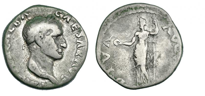 202   -  GALBA. Denario. Tarraco (68 d.C.). A/ Cabeza laureada a der. R/ Livia a izq. con pátera y cetro. RIC-52. Hojita en anv. BC+/BC.