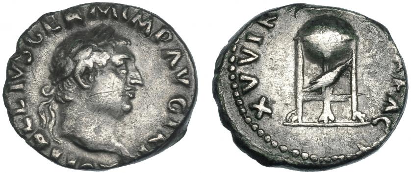 207   -  VITELIO. Denario. Roma (69 d.C.). R/ Trípode con delfín y cuervo; XV VIR SACR FAC. RIC-85. Rev. ligeramente descentrado. Pequeñas marcas. MBC.