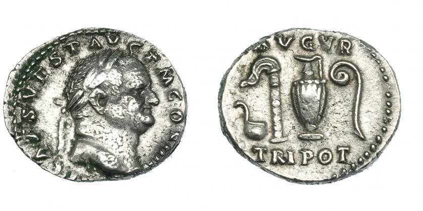 211   -  VESPASIANO. Denario. Roma (72-73). R/ Instrumentos sacerdotales; AVGVR / TRI POT. RIC-42. Plata agria. MBC.