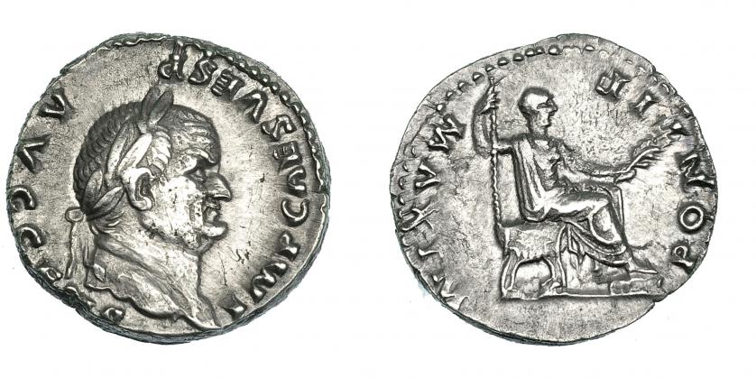 213   -  VESPASIANO. Denario. Roma (73 d.C.). R/ Vespasiano sentado a izq.; PONTIF MAXIM. RIC-65. Pequeñas marcas. MBC+.