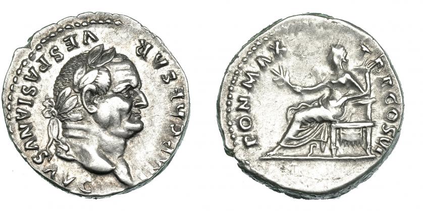 214   -  VESPASIANO. Denario. Roma (75 d.C.). R/ Pax sentada a izq.; PON MAX TR P COS VI. RIC-90. MBC+/MBC.