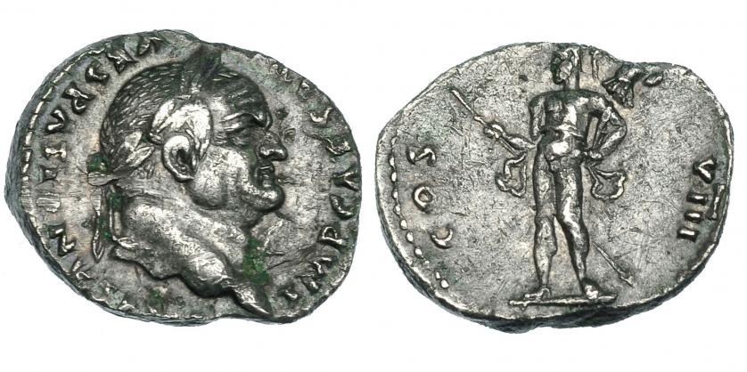 216   -  VESPASIANO. Denario. Roma (77-78 d.C.). R/ Marte a izq. con lanza y trofeo; COS VIII. RIC-103. Raya en anv. MBC.