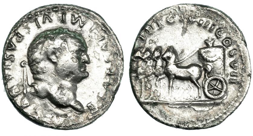 219   -  TITO (bajo Vespasiano). Roma (79 d.C.). A/ Cuadriga con espigas a izq.; TR POT VIII COS VII. RIC-206 (corr.). Erosiones. MBC-.