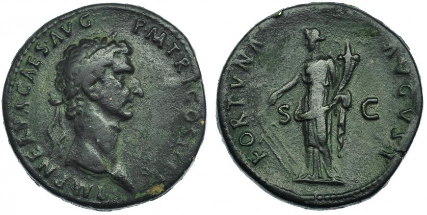 224   -  NERVA. Sestercio. Roma (96). A/ Cabeza laureada a der.; IMP NERVA CAES AVG P M TR P COS II P P. R/ Fortuna a izq.; FORTVNA-AVGVST S-C. RIC-61. Pátina verde oscuro. MBC-/MBC-.