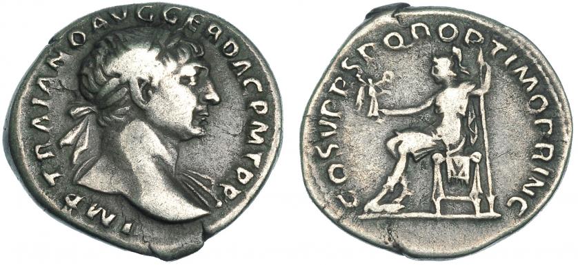225   -  TRAJANO. Denario. Roma (103-111). R/ Roma sentada a izq. con Victoria y lanza; COS V P P SPQR OPTIMO PRIN. RIC-116. MBC-/BC+.