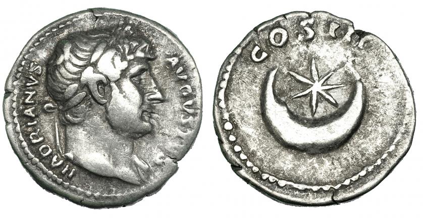 231   -  ADRIANO. Denario. Roma (125-128). A/ HADRIANVS AVGVSTVS. R/ Creciente con estrella; COS III. RIC-200. MBC-.