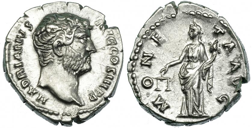 233   -  ADRIANO. Denario. Roma (134-138). A/ Cabeza a der.; HADRIANVS AVG. COS. III. P.P. R/ Moneta a izq. con balanza y cornucopia; MONETA AVG. EBC-.