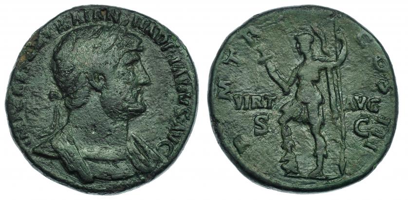 235   -  ADRIANO. Sestrecio. Roma. 121. R/ Virtus a izq.; PM TR P COS III S C., en campo VIRT-AVG. RIC-614c. Pátina verde con pequeñas erosiones. BC+.