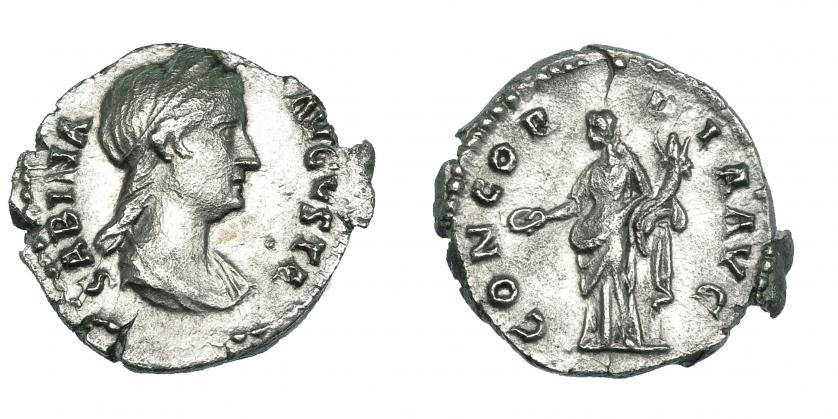 236   -  SABINA. Denario. Roma. 128-136. R/ Concordia a izq. CONCORDIA AVG. RIC-290. Cospel irregular. Superficie rugosa. MBC.