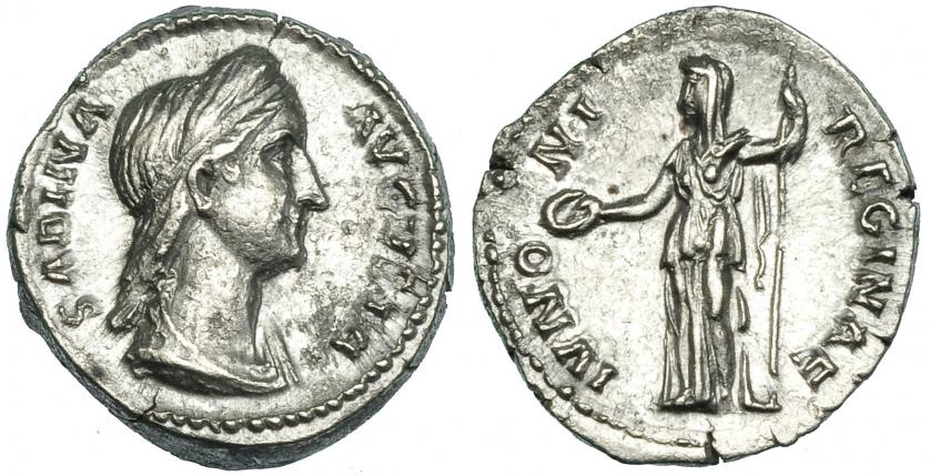 237   -  SABINA. Denario. Roma (132-4). A/ SABINA AVGVSTA; peinado rematado en coleta. R/ Juno a izq. con pátera y cetro; IVNONI REGINAE. RIC-305a. MBC+/EBC.