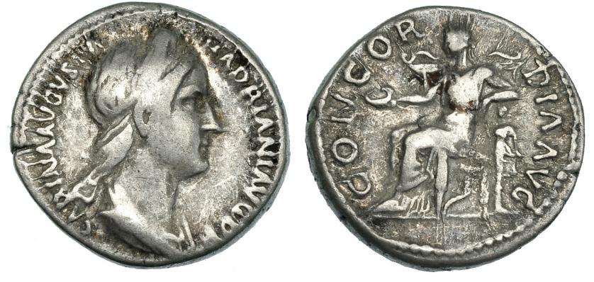 238   -  SABINA. Denario. Roma (132-4). A/ SABINA AVGVSTA HADRIANI AVG P P; peinado rematado en coleta. R/ Concordia. RIC-398. BC+.