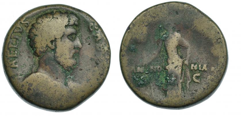 242   -  AELIO (bajo Adriano). Sestercio. Roma (137). R/ Panonia con vexillum y sujetándose la túnica. RIC-1059. BC-.