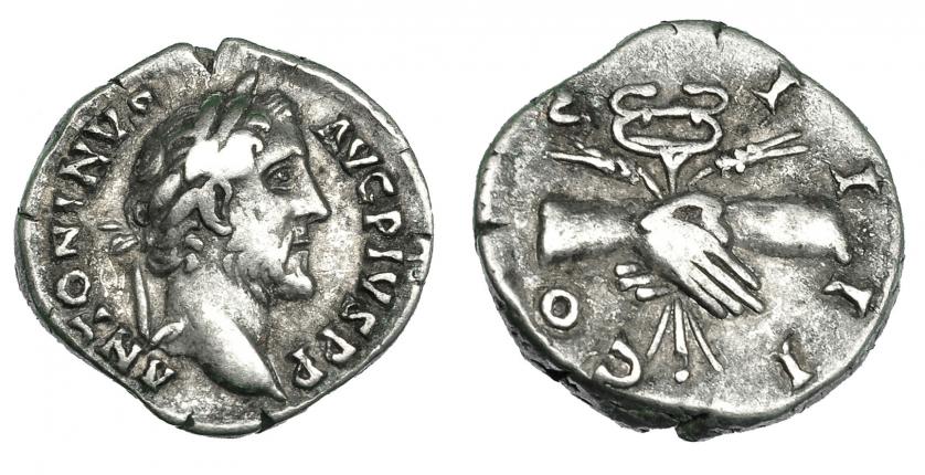 247   -  ANTONINO PÍO. Denario. Roma (145-161). R/ Manos estrechadas con espigas y caduceo. RIC-136. BC+/MBC-.