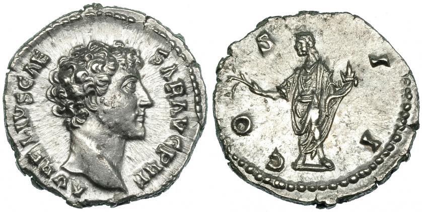 259   -  MARCO AURELIO. Denario. Roma (145-147?). A/ Cabeza a der.; AVRELIVS CAESAR AVG P II F. R/ Honos a izq. con rama y cornucopia; COS II. RIC-429a. Pequeñas marcas. EBC.