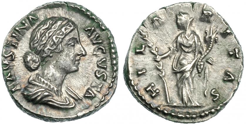 262   -  FAUSTINA LA MENOR. Denario. Roma (161-175). A/ Busto drapeado a der. R/ Hilaritas a izq.; HILARITAS. EBC-/MBC+.