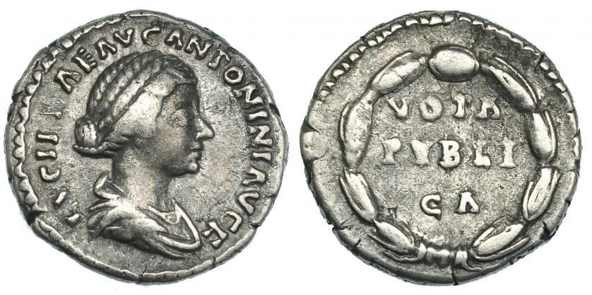 266   -  LUCILA (bajo M. Aurelio). Denario. Roma (164-169). R/ VOTA/PVBLI/CA dentro de corona. RIC-791. MBC-.