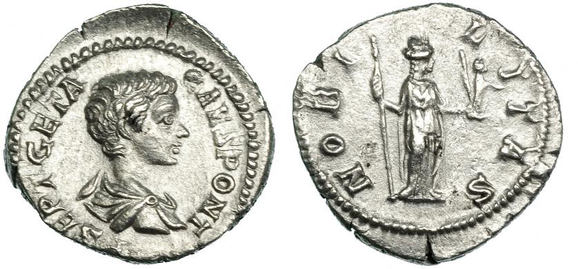 274   -  GETA. Denario. Roma (200-202). A/ Busto drapeado a der. R/ Nobilitas a der. con cetro y palladium; NOBILITAS. RIC 13a. EBC-/MBC+. 