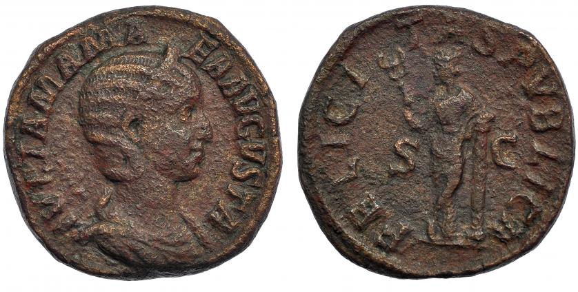 282   -  JULIA MAMEA. Sestercio. Roma (222-235). A/ Busto drapeado y diademado a der. R/ Felicitas a der. apoyada en columna y con caduceo. RIC-676. Superficies erosionadas. BC+.