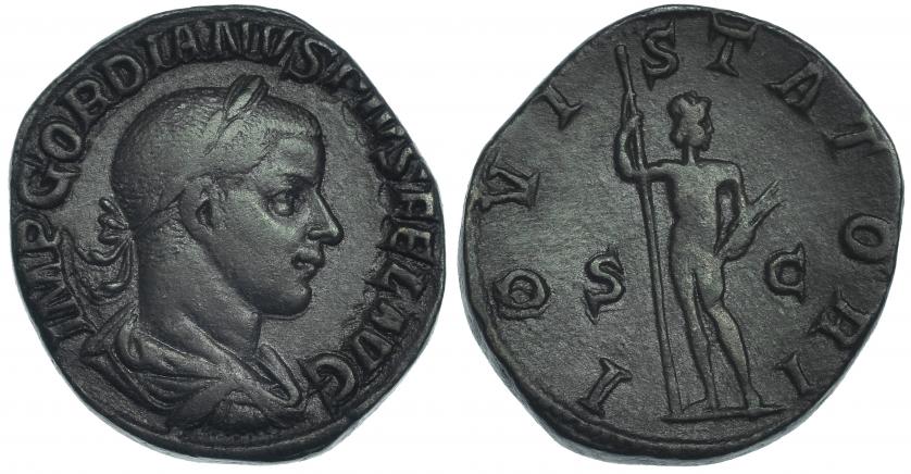 287   -  GORDIANO III. Sestercio. Roma (240). R/Júpiter con cetro y haz de rayos; IOVI STATORI S-C. RIC-299a. Pátina oscura. MBC.