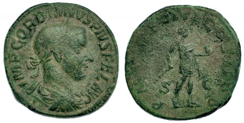 292   -  GORDIANO III.Sestercio. R/ Gordiano a der. con lanza y globo. P M TR P (…). RIC-308a? Pátina verde. BC+/BC.