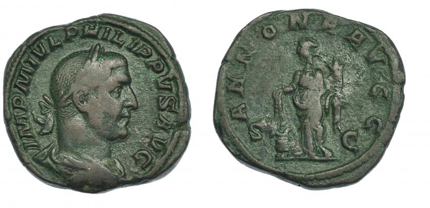 297   -  FILIPO  I. Sestercio. Roma (244-249). R/ Annona a izq. con espigas sobre modio y cornucopia. RIC-168. Pátina verde. MBC-.