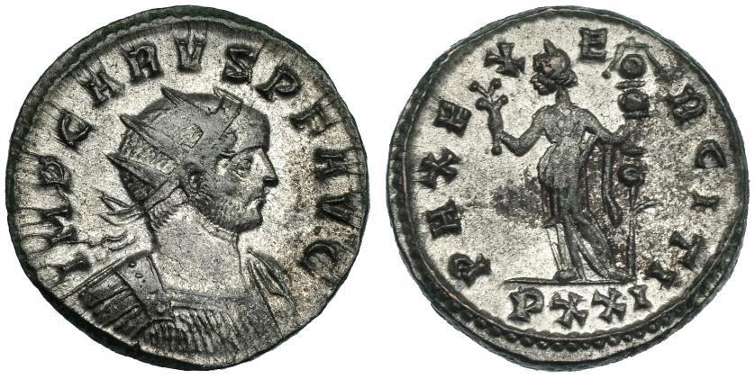 335   -  CARO. Antoniniano. Ticinum (282). R/ PAX EXERCITI; marca de ceca en exergo PXXI. RIC-75. P.O. EBC-.