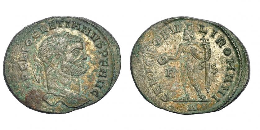 341   -  DIOCLECIANO. Follis. Roma (297-298). R/ GENIO POPVLI ROMANI, en campo R-S, exergo A. RIC-71a. Leve erosión. R.P.O. MBC.